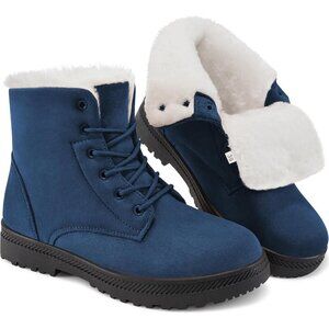 Women’s Blue Warm Fur Lined Ankle Booties Lace Up Slip-On Outdoor Boots